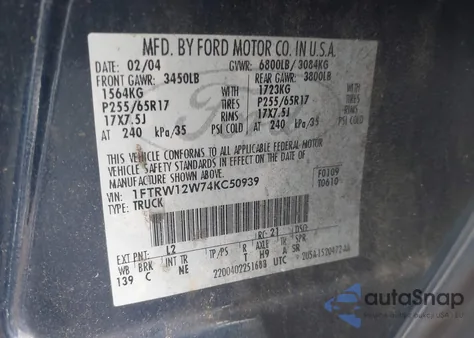 2004 Ford F-150 Xlt from USA, damaged, VIN 1FTRW12W74KC50939